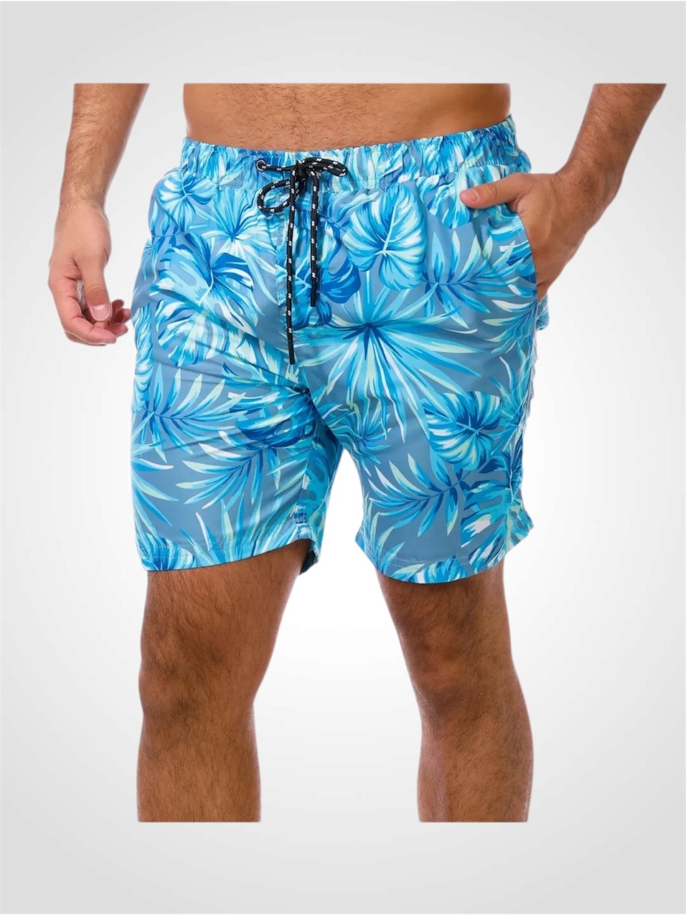 Men's Distortion Blue Tropical Leaf Swim Trunks with Drawstring & Pockets L